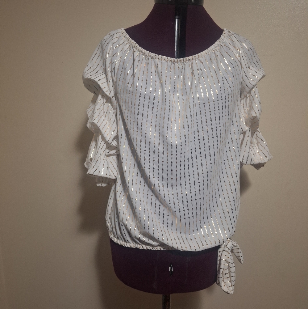CeCe White and Gold Striped Ruffle Blouse